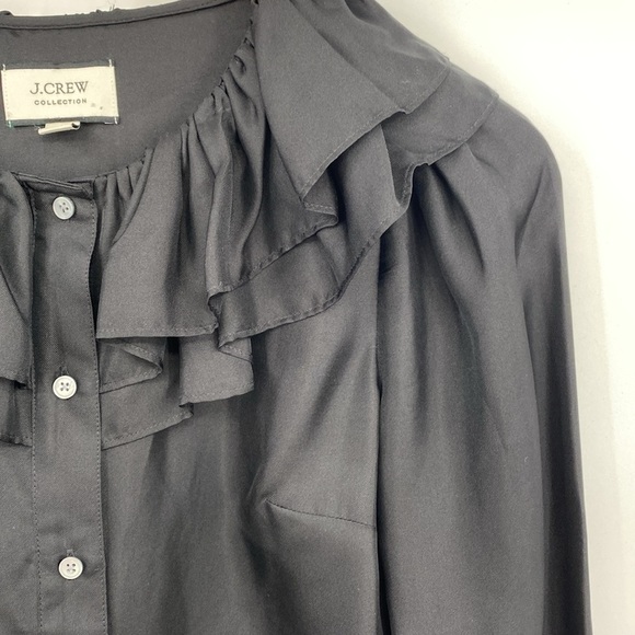 J. Crew Collection Silk Blouse Womens Size XXS Black Twill Ruffle-Collar Button - Picture 8 of 13